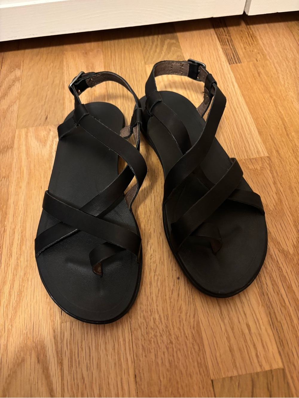 OluKai Black Leather Cross-Strap Women's Sandals